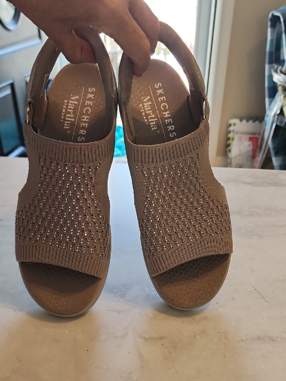 8.5 Sketchers Martha Stewart Taupe Knit Wedge Sandals with Silver Accent - Picture 6 of 9